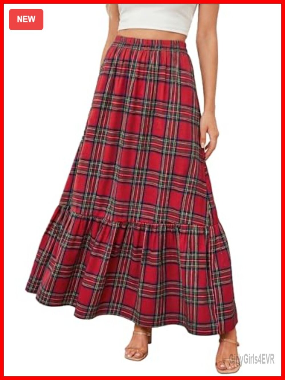 Womens Plaid Maxi Skirt High Waist A-Line Ruffled Hem